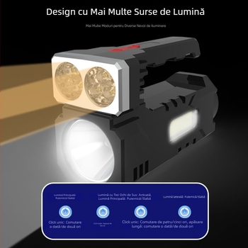 Proiector LED de mână, baterie reîncărcabilă, rază 200–500 m, 6W, 2400mAh, încărcător inclus