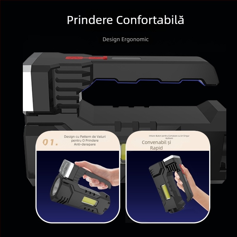 Proiector LED de mână, baterie reîncărcabilă, rază 200–500 m, 6W, 2400mAh, încărcător inclus