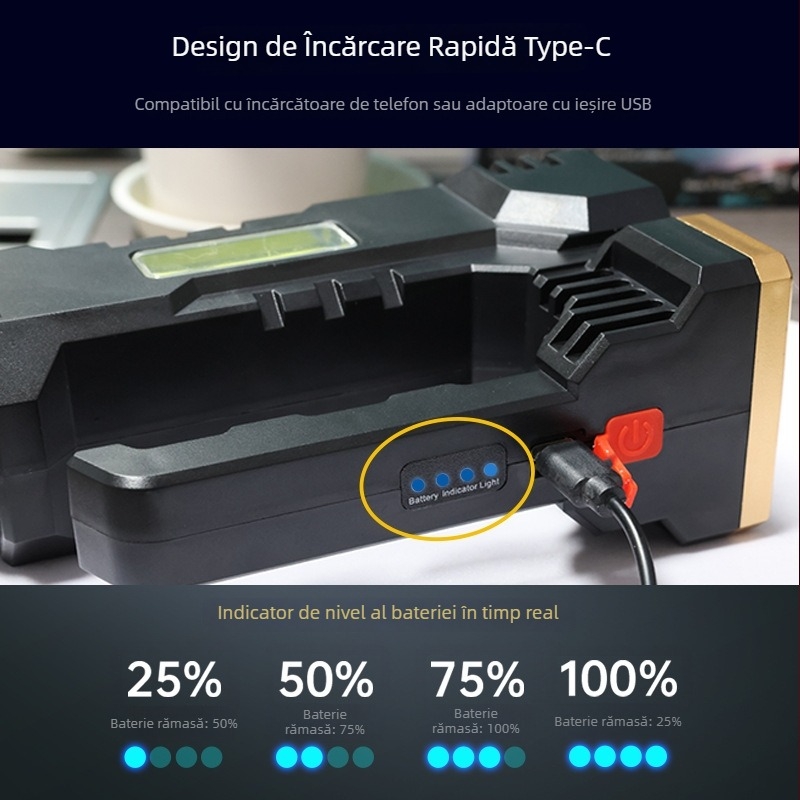 Proiector LED de mână, baterie reîncărcabilă, rază 200–500 m, 6W, 2400mAh, încărcător inclus