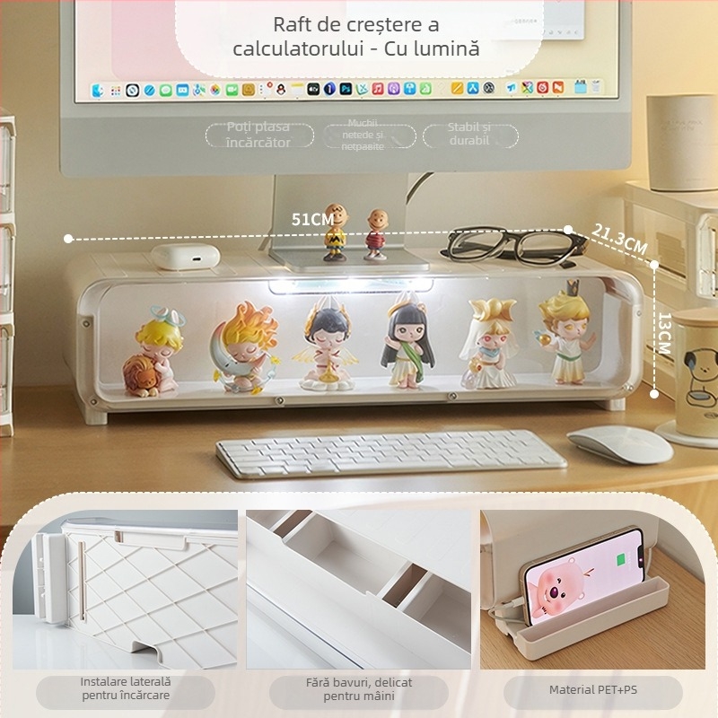 Suport de monitor cu ridicare pentru desktop, multifuncțional și rezistent la praf, structură din plastic, depozitare pe birou, stil creativ