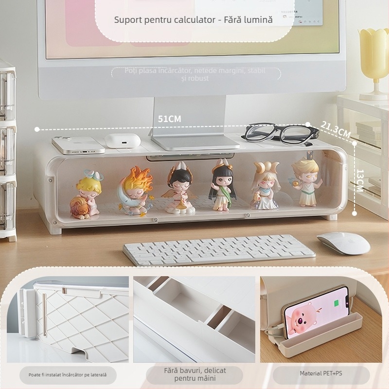 Suport de monitor cu ridicare pentru desktop, multifuncțional și rezistent la praf, structură din plastic, depozitare pe birou, stil creativ