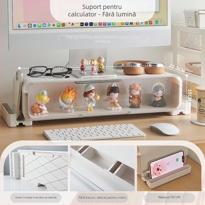 Suport de monitor cu ridicare pentru desktop, multifuncțional și rezistent la praf, structură din plastic, depozitare pe birou, stil creativ