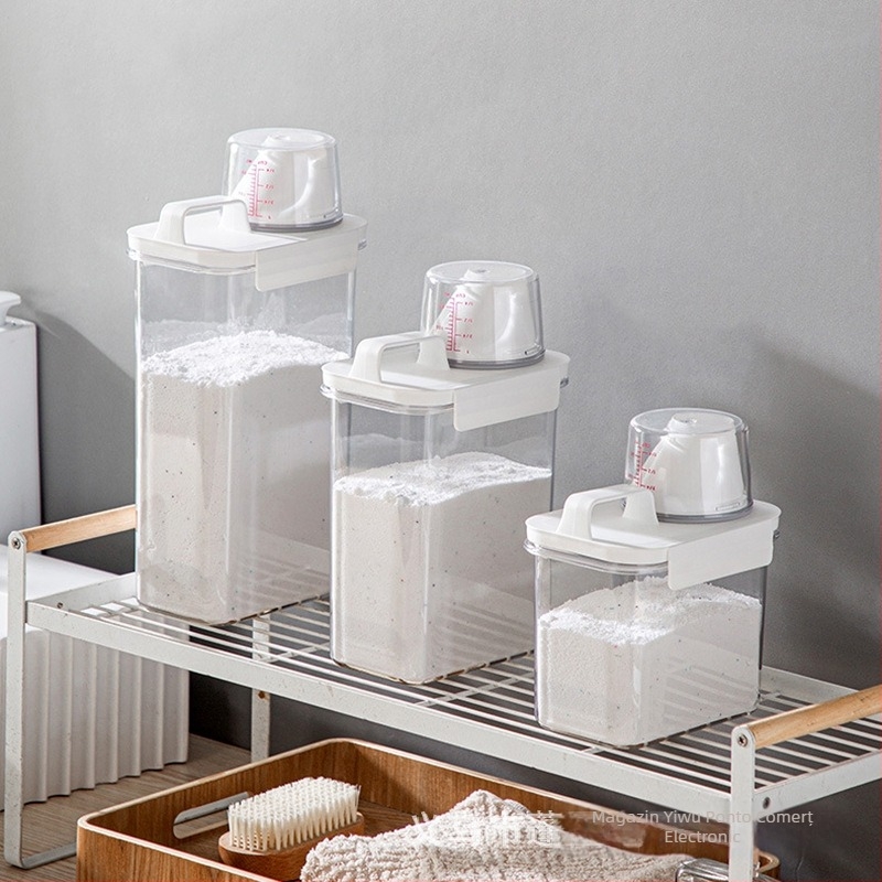 Container din plastic pentru depozitarea detergentului de rufe, transparent, cu cană de măsurare, stil modern minimalist, capacitate 1100/1800/2300 ml
