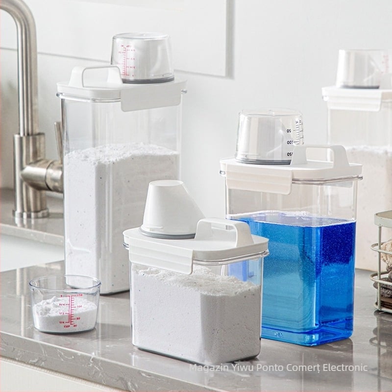 Container din plastic pentru depozitarea detergentului de rufe, transparent, cu cană de măsurare, stil modern minimalist, capacitate 1100/1800/2300 ml