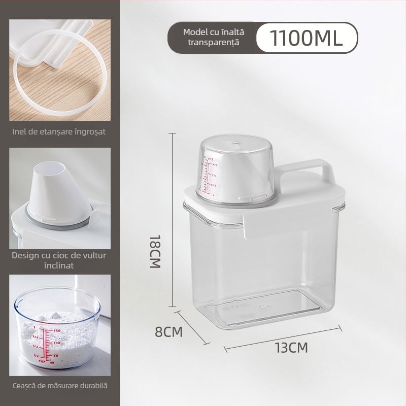 Container din plastic pentru depozitarea detergentului de rufe, transparent, cu cană de măsurare, stil modern minimalist, capacitate 1100/1800/2300 ml