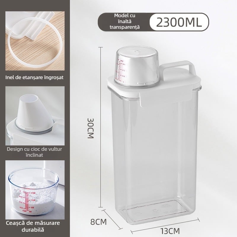 Container din plastic pentru depozitarea detergentului de rufe, transparent, cu cană de măsurare, stil modern minimalist, capacitate 1100/1800/2300 ml