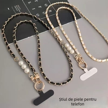 Lanț de telefon din piele cu perle, crossbody, lucrat manual, cataramă metalică