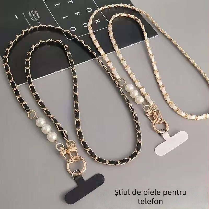 Lanț de telefon din piele cu perle, crossbody, lucrat manual, cataramă metalică