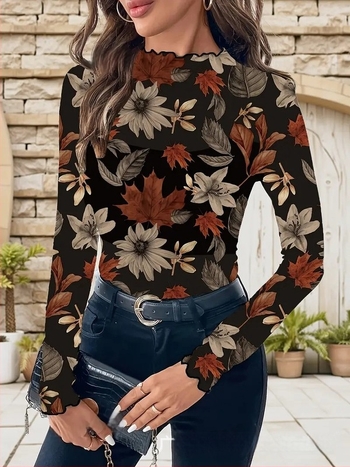 Cămașă cu imprimeu floral, guler stil stand, croi Slim, lungime standard