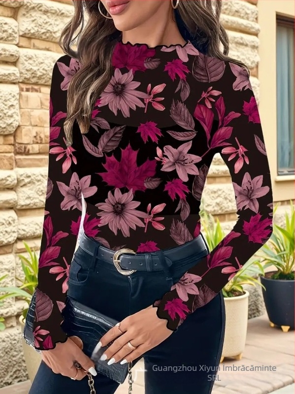 Cămașă cu imprimeu floral, guler stil stand, croi Slim, lungime standard