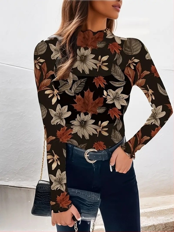 Cămașă cu imprimeu floral, guler stil stand, croi Slim, lungime standard