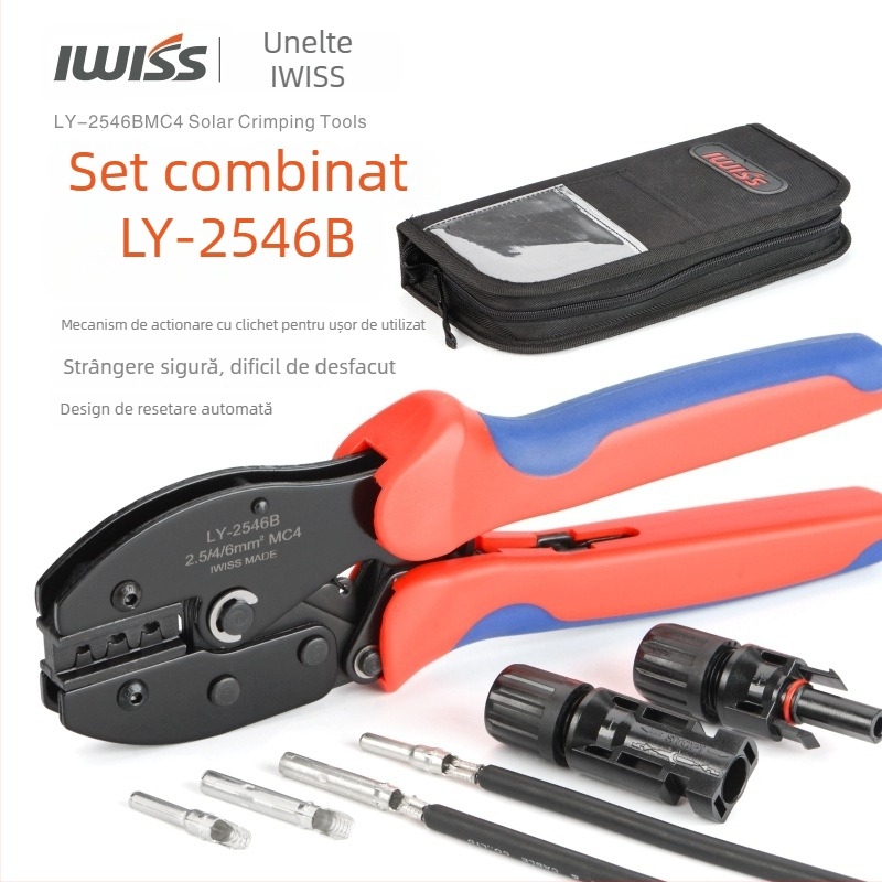 Clește crimp MC4 LY-2546B pentru conectori PV solari 2,5–6 mm², IWISS, oțel carbon de înaltă calitate, greutate 450 g