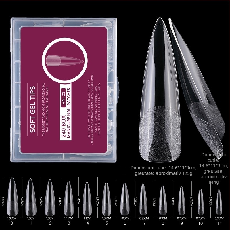 Plăci false de unghii – ultra-subțiri, fără urme, formă picătură de apă, transparente, tip cu vârf lung