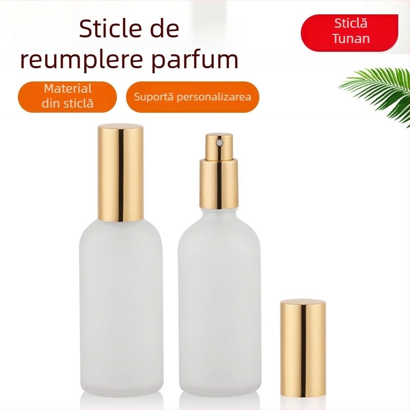 Recipient din sticlă cu finisaj sablat, pipetă și pulverizator pentru uleiuri esențiale și produse cosmetice