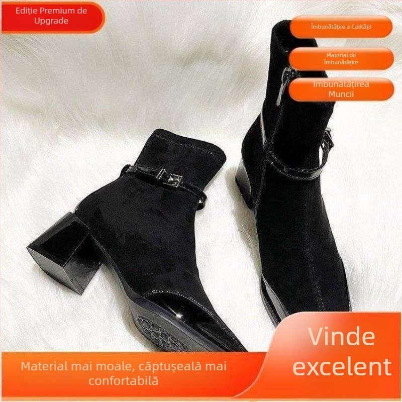 Ghete Martin: vârf pătrat, exterior din materiale multiple, fermoar lateral, gambă joasă, talpă din cauciuc