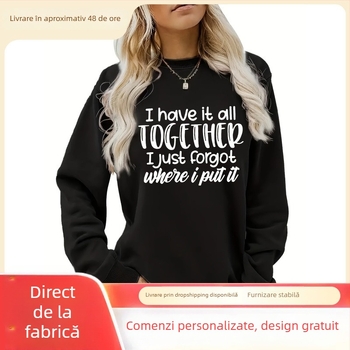 HOOKONYOU Bluza de damă cu guler rotund, croială lejeră, imprimeu cu litere și logo, poliester