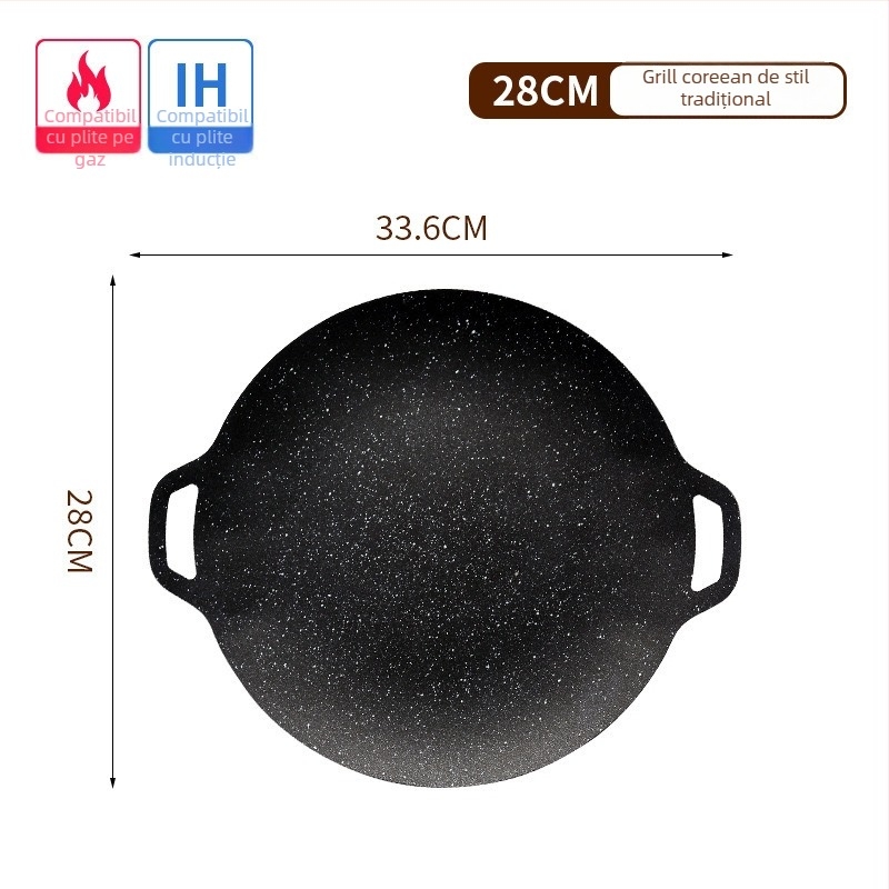 Tigaie grill rotundă din fier pentru aragaz cu gaze, suprafață antiaderentă