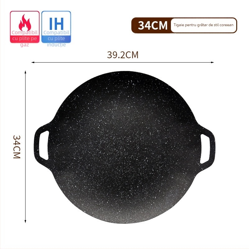 Tigaie grill rotundă din fier pentru aragaz cu gaze, suprafață antiaderentă