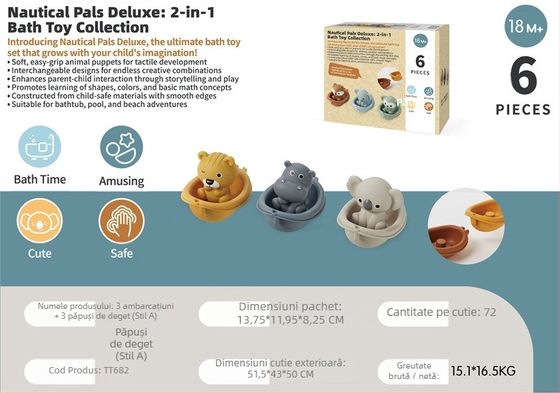 Jucării de apă pentru sugari și copii mici – bărci plutitoare, set cu animale pentru degete (Material: plastic; Funcție: stivuirea bărcilor; Categorie: jucării de baie; Vârstă: 0–3 ani)