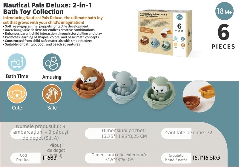 Jucării de apă pentru sugari și copii mici – bărci plutitoare, set cu animale pentru degete (Material: plastic; Funcție: stivuirea bărcilor; Categorie: jucării de baie; Vârstă: 0–3 ani)