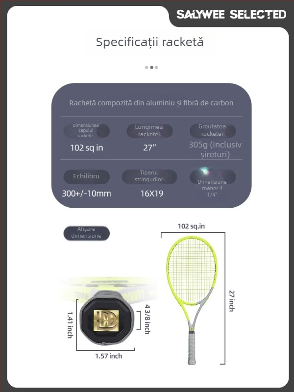 Rachetă de tenis cu ramă din fibră de sticlă, tijă dreaptă, mâner G2, pentru începători până la intermediari