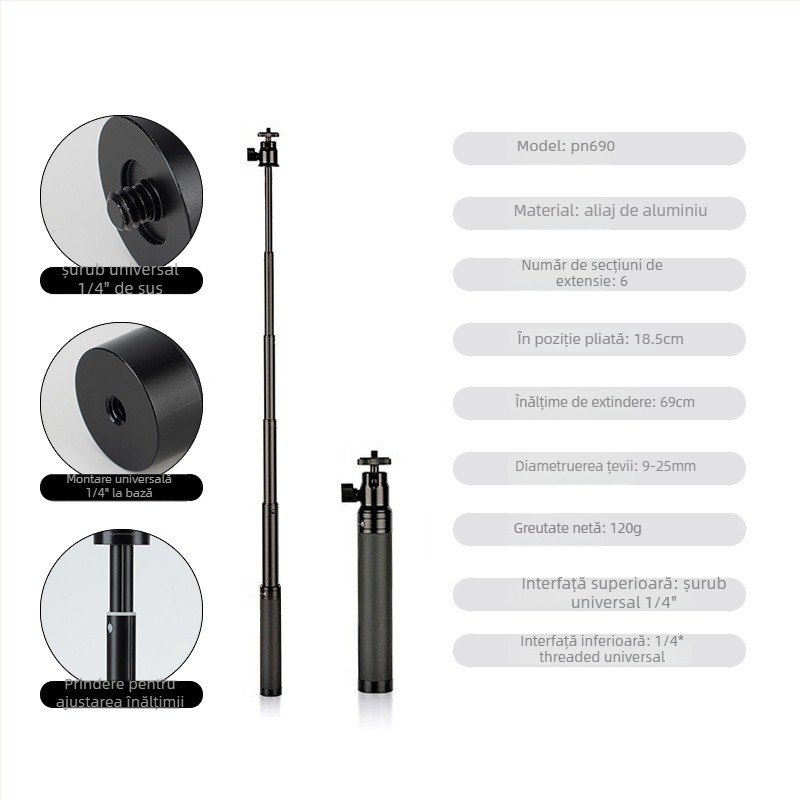 Băț de selfie cu stabilizator gimbal – braț telescopic pentru telefonul mobil și camera de acțiune (Fără telecomandă)