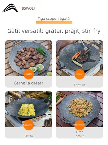 Tigaie grill pentru aragaz de tip casetă – portabilă, antiaderentă, din fier; Brand: Bswolf (pentru camping)