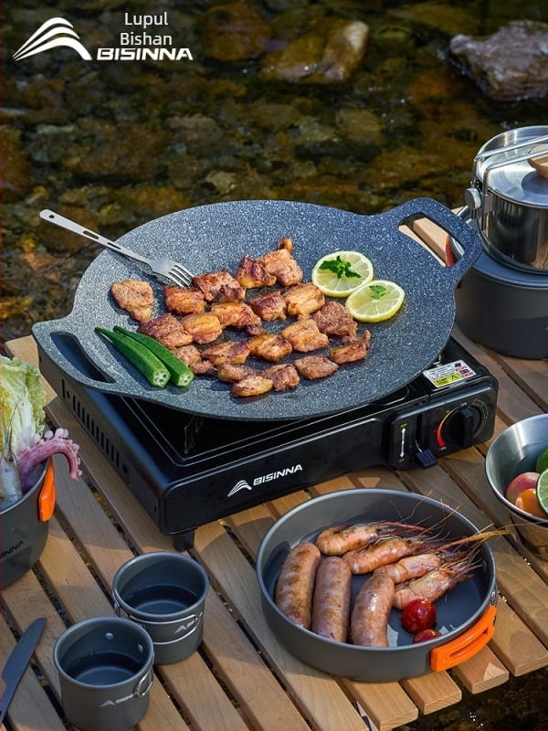 Tigaie grill pentru aragaz de tip casetă – portabilă, antiaderentă, din fier; Brand: Bswolf (pentru camping)