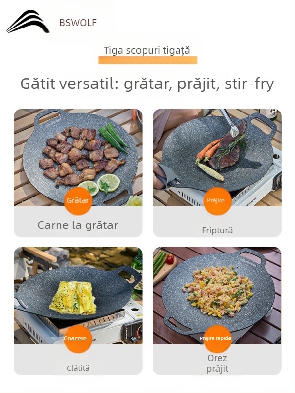 Tigaie grill pentru aragaz de tip casetă – portabilă, antiaderentă, din fier; Brand: Bswolf (pentru camping)
