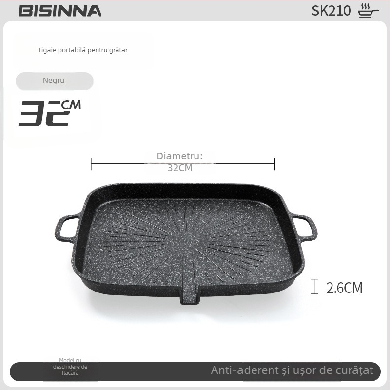 Tigaie grill pentru aragaz de tip casetă – portabilă, antiaderentă, din fier; Brand: Bswolf (pentru camping)