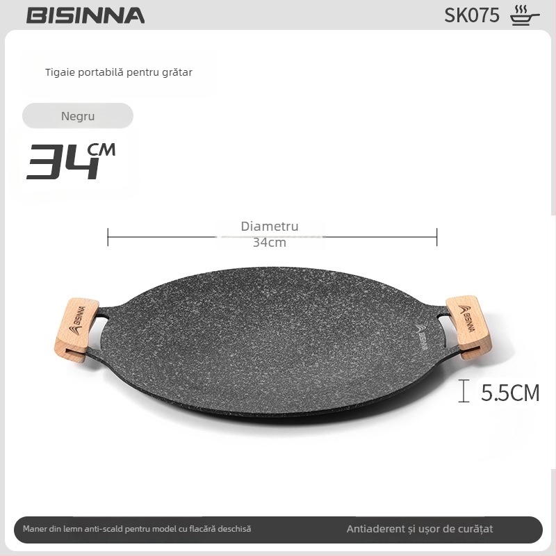 Tigaie grill pentru aragaz de tip casetă – portabilă, antiaderentă, din fier; Brand: Bswolf (pentru camping)