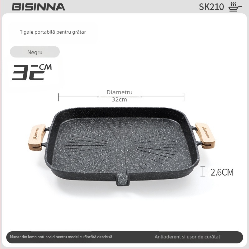 Tigaie grill pentru aragaz de tip casetă – portabilă, antiaderentă, din fier; Brand: Bswolf (pentru camping)