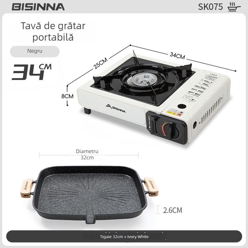 Tigaie grill pentru aragaz de tip casetă – portabilă, antiaderentă, din fier; Brand: Bswolf (pentru camping)