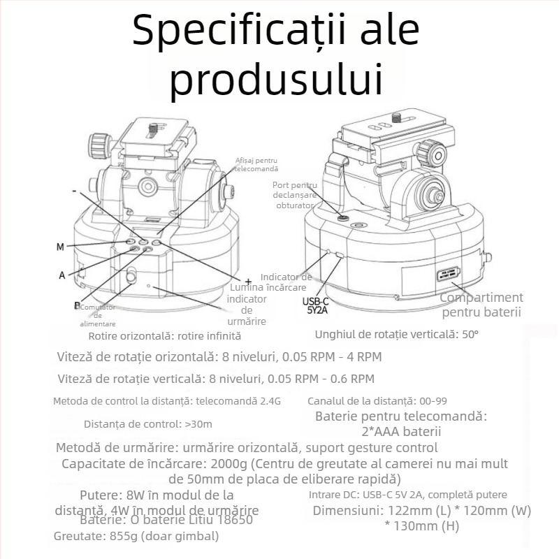 Cameră cu recunoaștere facială și urmărire automată pentru streaming live, telecomandă, 360° pan/tilt, viteză verticală 0.5–0.6, viteză orizontală 8 niveluri