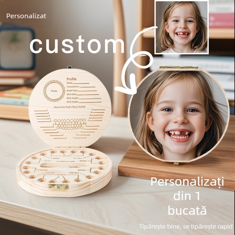 Cutie din lemn pentru dinții de lapte ai bebelușului, cu capac personalizat și imprimare a fotografiilor