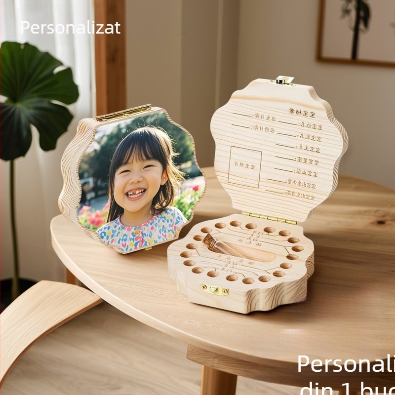 Cutie din lemn pentru dinții de lapte ai bebelușului, cu capac personalizat și imprimare a fotografiilor