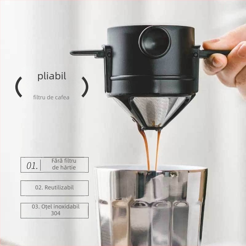 Filtru de cafea din oțel inoxidabil, două straturi, portabil pentru exterior, mâner din plastic pliabil