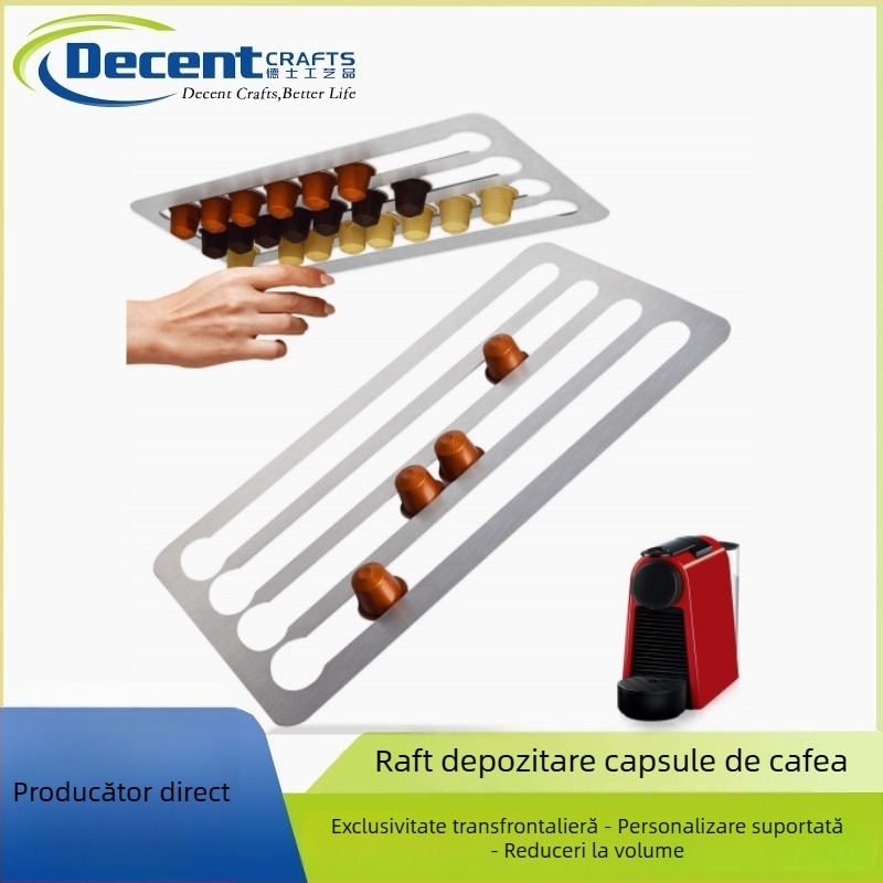 Suport metal pentru capsule de cafea, montaj pe perete cu bandă adezivă, design modern minimalist, lansat în iarna 2020