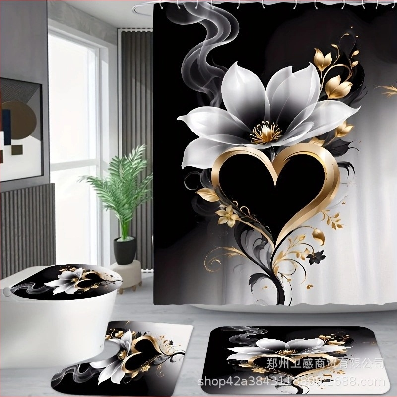 Curtă de duș din poliester, model inimă cu flori, stil modern minimalist, design simplu, personalizare disponibilă, brand Butterfly posture