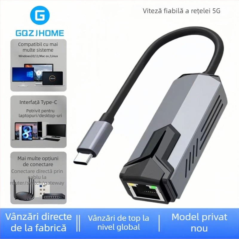 HD adaptor Ethernet USB-C la RJ-45, USB 3.0, 5 Gbps, fără driver, Plug-and-Play