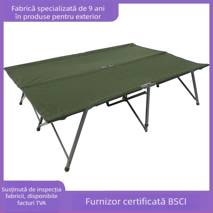 Pat de camping pliabil dublu, cadru din fier, suprafață din pânză Oxford, capacitate de încărcare 150 kg