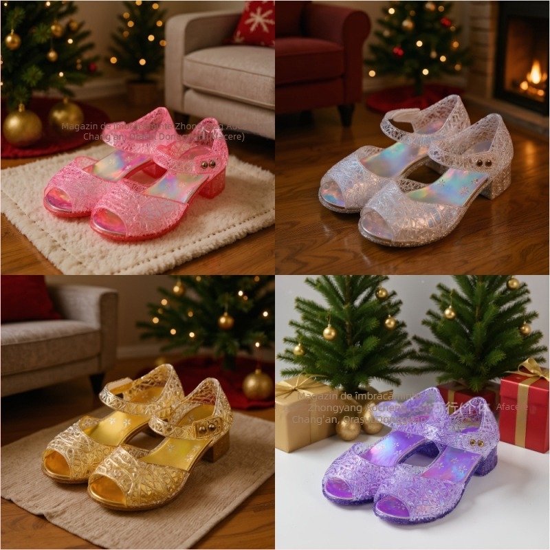 Sandale pentru fete, stil prințesă, cu o singură curea, partea superioară din plastic, talpă din cauciuc, închidere cu cataramă, pentru 4–12 ani