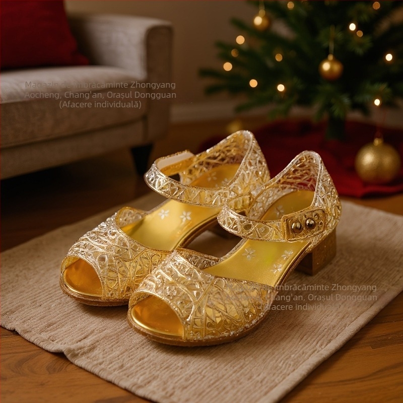 Sandale pentru fete, stil prințesă, cu o singură curea, partea superioară din plastic, talpă din cauciuc, închidere cu cataramă, pentru 4–12 ani