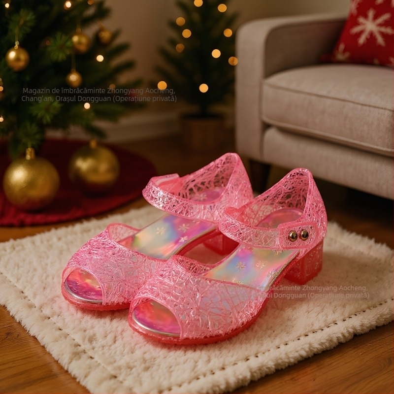 Sandale pentru fete, stil prințesă, cu o singură curea, partea superioară din plastic, talpă din cauciuc, închidere cu cataramă, pentru 4–12 ani