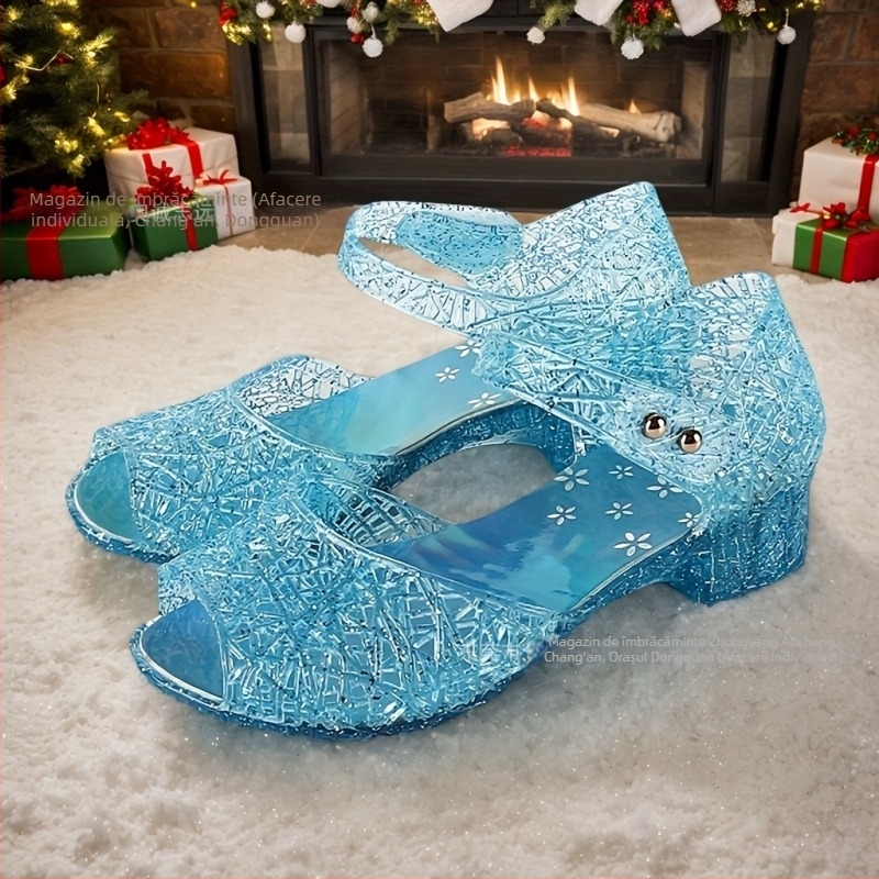 Sandale pentru fete, stil prințesă, cu o singură curea, partea superioară din plastic, talpă din cauciuc, închidere cu cataramă, pentru 4–12 ani