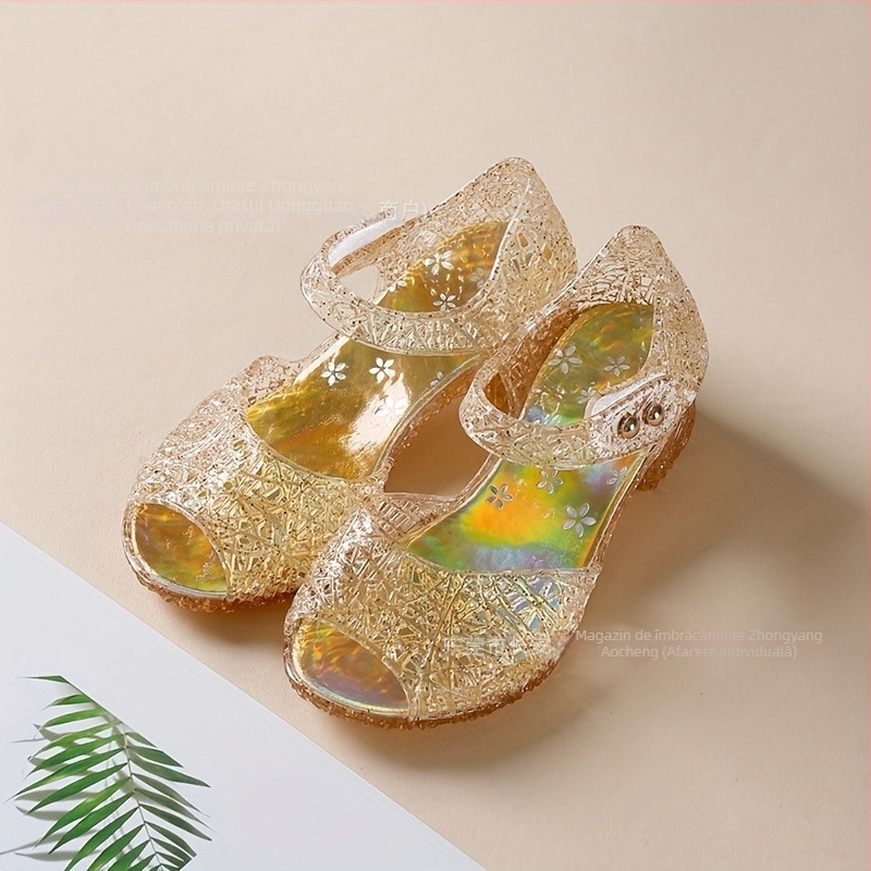 Sandale pentru fete, stil prințesă, cu o singură curea, partea superioară din plastic, talpă din cauciuc, închidere cu cataramă, pentru 4–12 ani