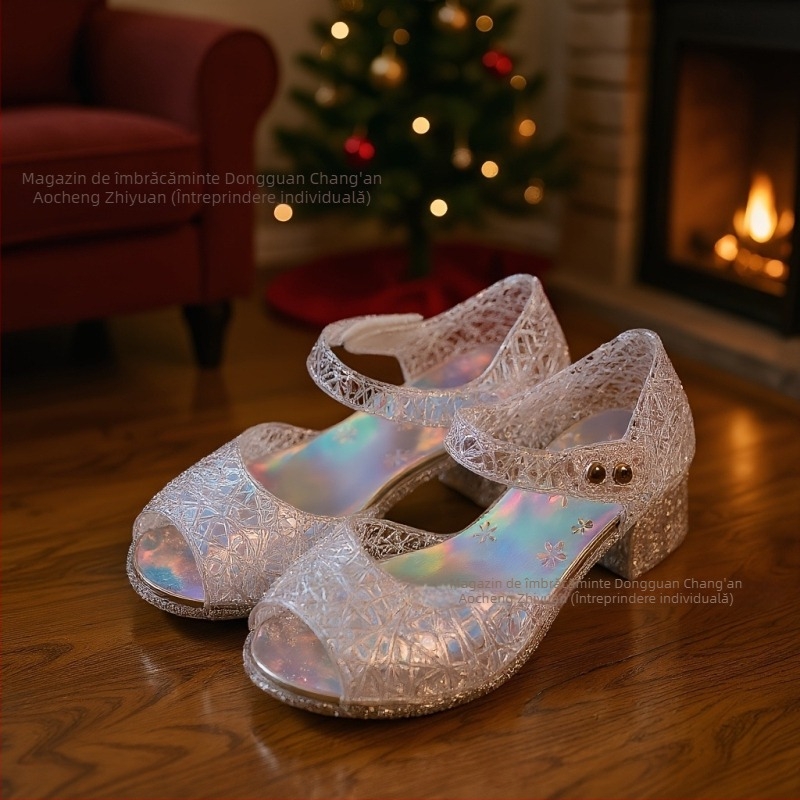 Sandale pentru fete, stil prințesă, cu o singură curea, partea superioară din plastic, talpă din cauciuc, închidere cu cataramă, pentru 4–12 ani