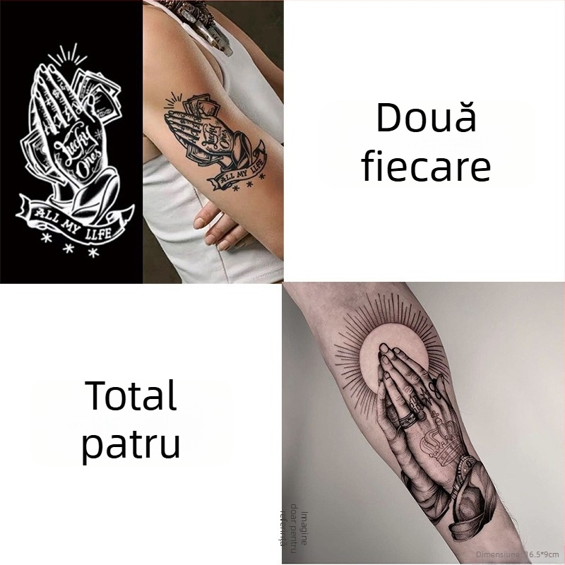 Autocolant tatuaj pentru braț cu mâini în rugăciune – impermeabil, durată lungă, semi-permanent, aspect realist