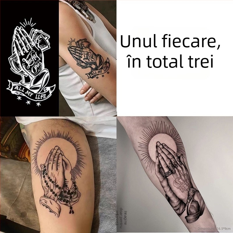 Autocolant tatuaj pentru braț cu mâini în rugăciune – impermeabil, durată lungă, semi-permanent, aspect realist