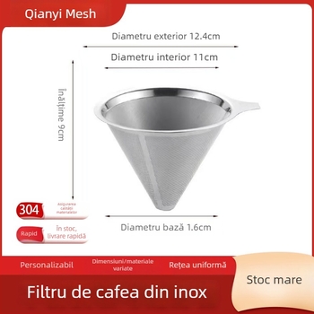 Filtru de cafea cu dublu strat din oțel inoxidabil 304, siglă gravată cu laser, pentru cafea, model monocrom, ambalat într-o cutie de carton.